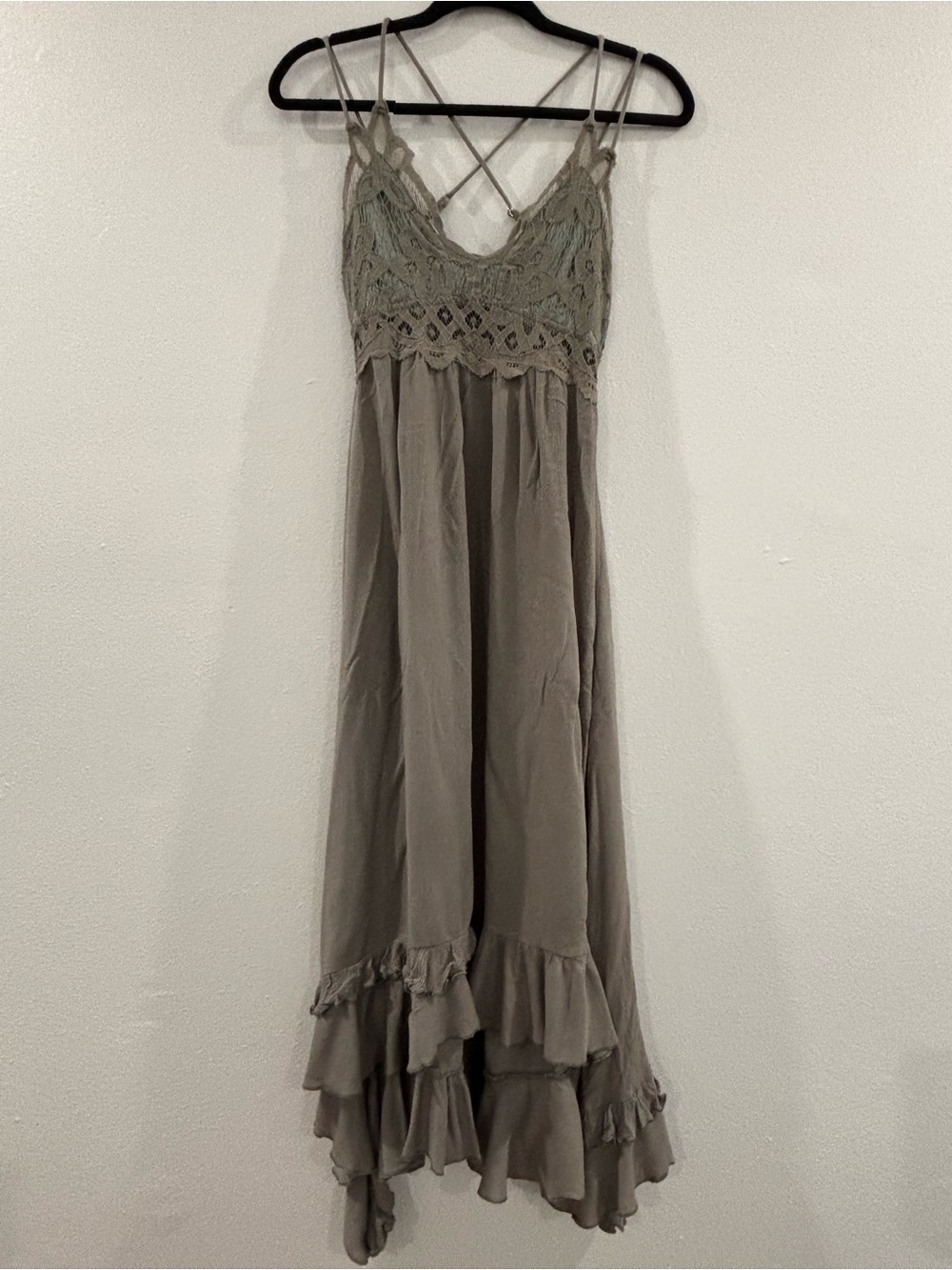 LA MIEL Olive Green Lace-Trim High-Low Slip Dress - Picture 2 of 14